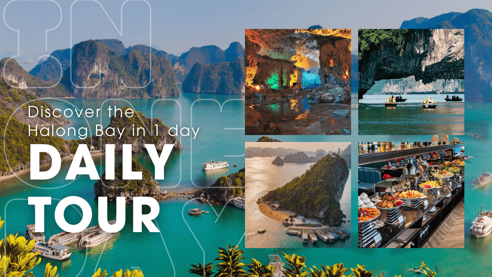Guests enjoying kayaking, cave exploration, and sunset party on La Casta Daily Cruise in Halong Bay.