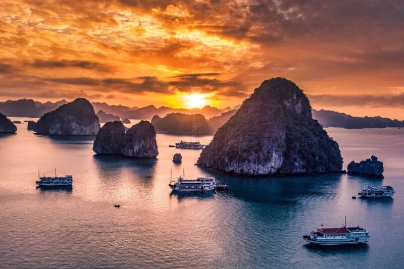 Romantic sunset over Halong Bay – one of the best experiences for travelers searching what to do in Halong Bay