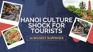 Street view of Hanoi with bustling motorbikes, local vendors, and vibrant city life capturing the culture shock experience for first-time tourists