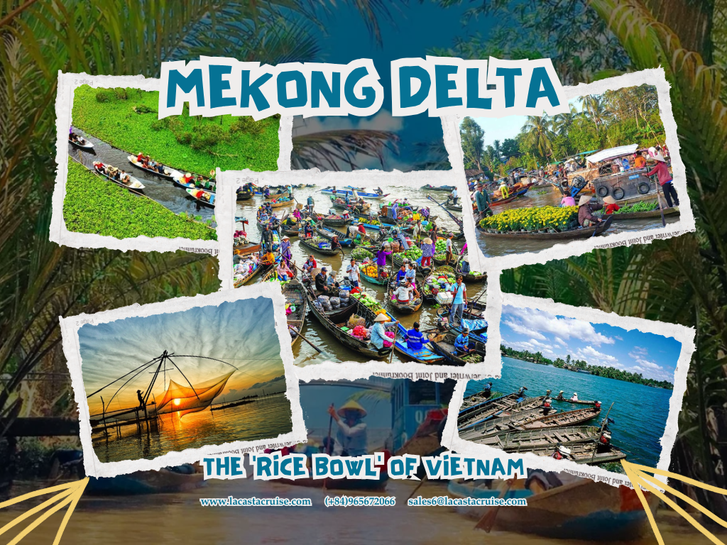 Traditional wooden boat floating along lush canals of the Mekong Delta with local life and tropical greenery, one of the unforgettable places in Vietnam for first-time travelers.