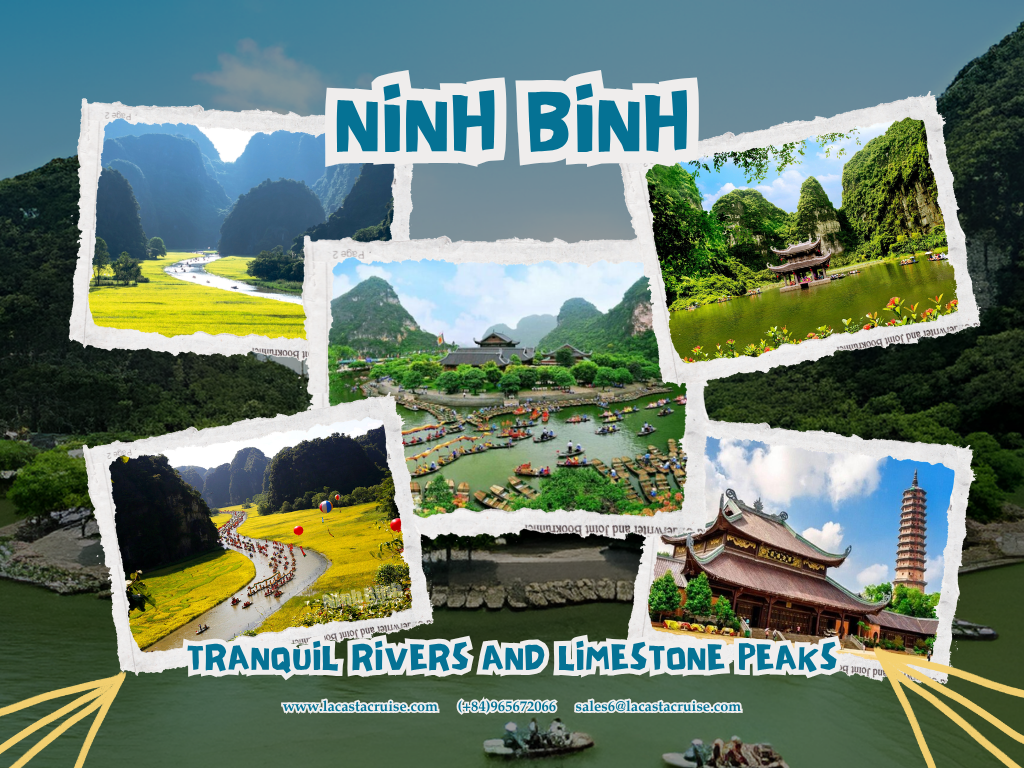 Scenic river boat gliding between limestone karsts and rice fields in Ninh Binh, one of the unforgettable places in Vietnam for first-time visitors.