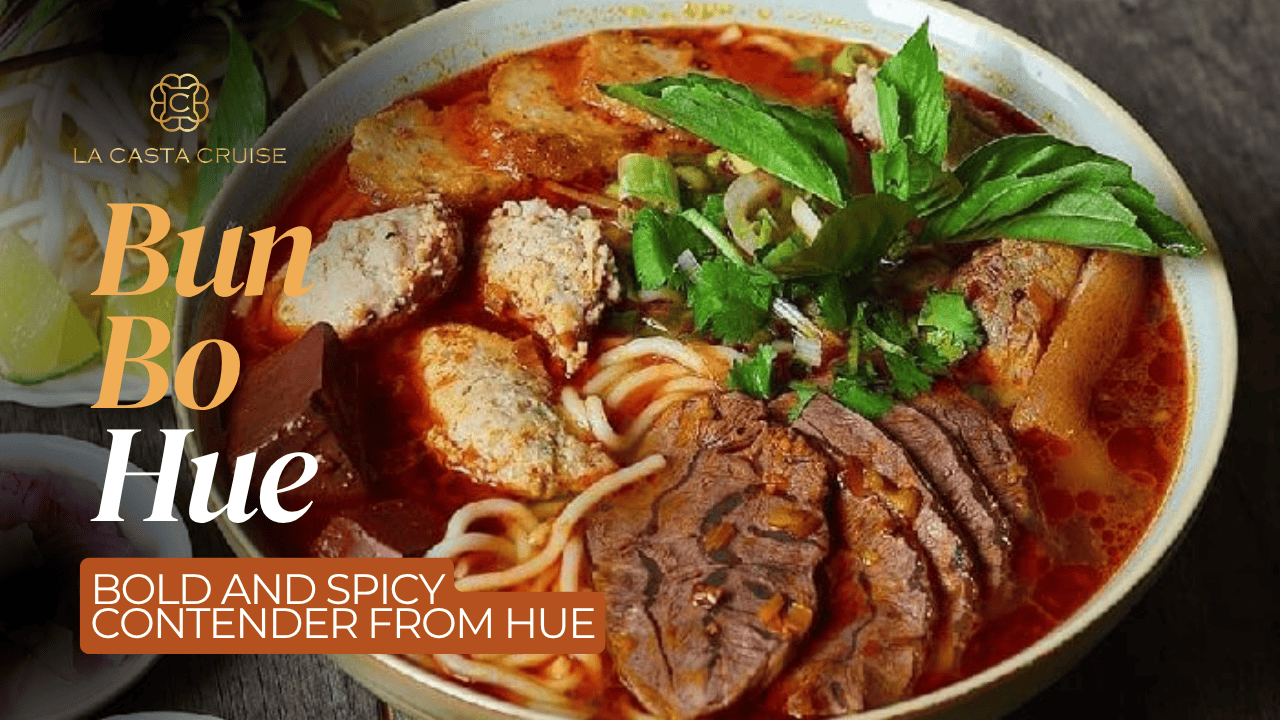 Spicy Hue beef noodle soup with chili oil and herbs