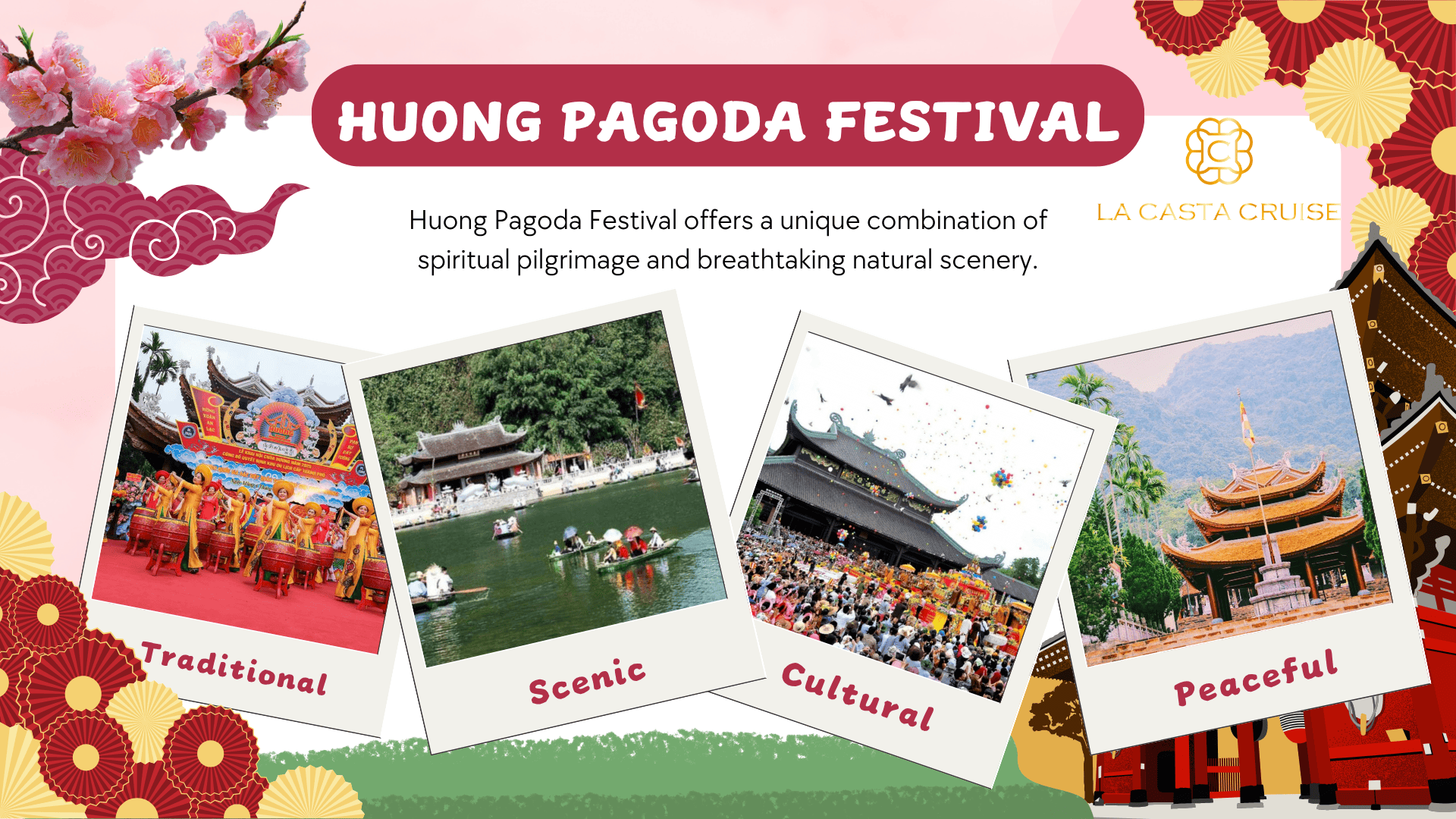 Pilgrims rowing boats through scenic limestone mountains to Huong Pagoda, a spiritual highlight among Vietnam festivals for tourists.