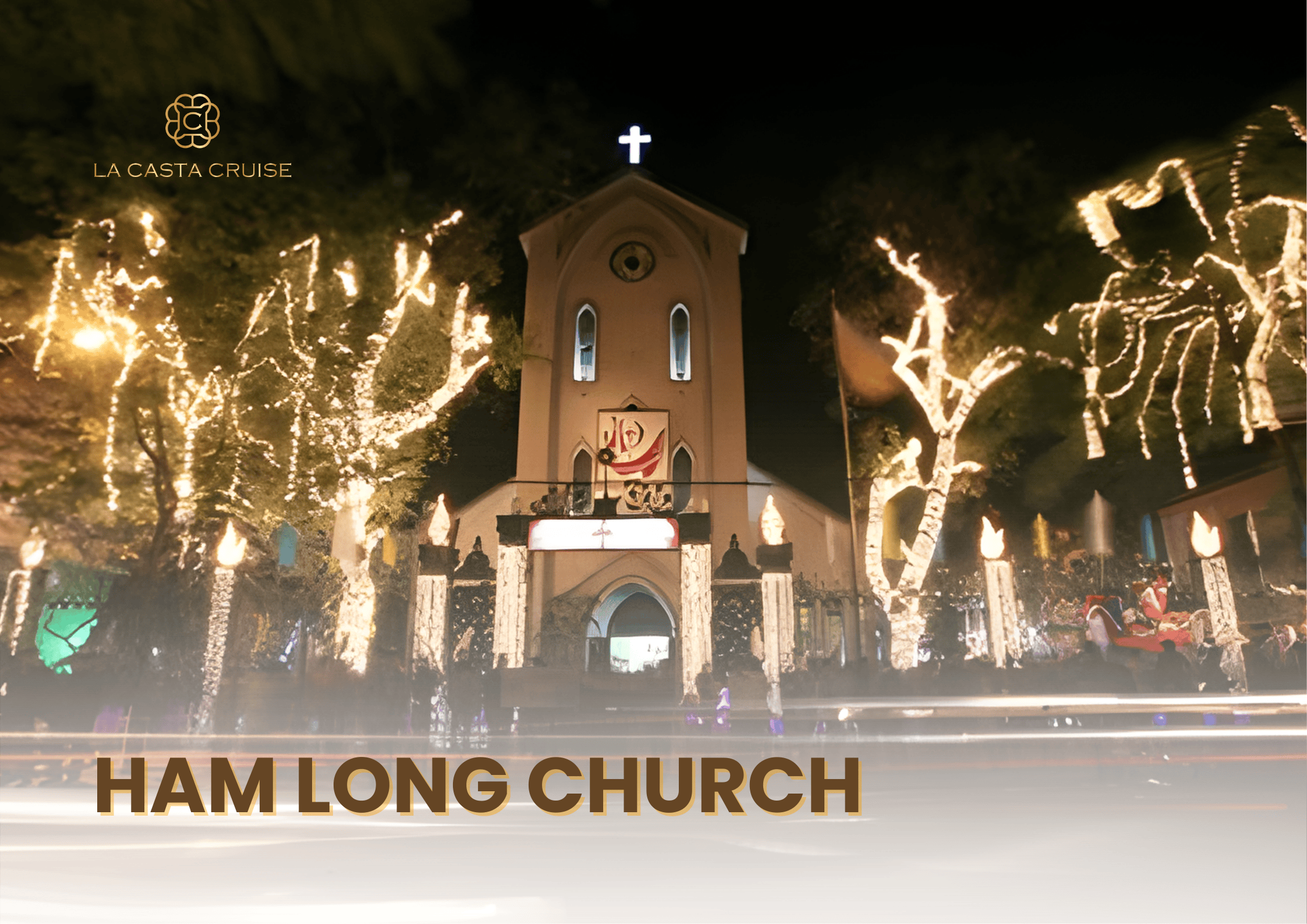 Ham Long Church (Nhà Thờ Hàm Long) illuminated with warm yellow lights, a serene Christmas photo location in the Old Quarter, a top Hanoi Christmas Photo Spots.