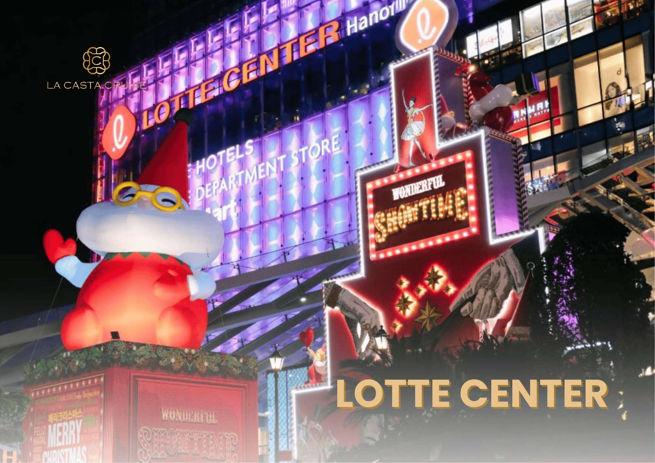 Lotte Center Hanoi's Christmas decoration with a giant Santa Claus and striking purple LED screen, a modern Hanoi Christmas Photo Spots.