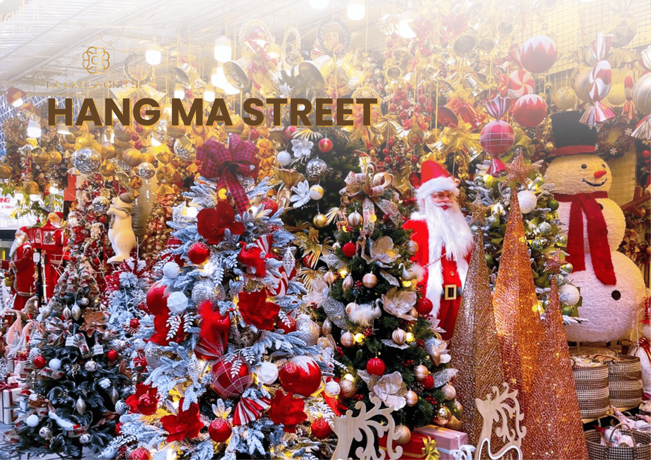 Hang Ma Street (Phố Hàng Mã) overflowing with vibrant Christmas decorations, one of the most lively and colorful Hanoi Christmas Photo Spots.