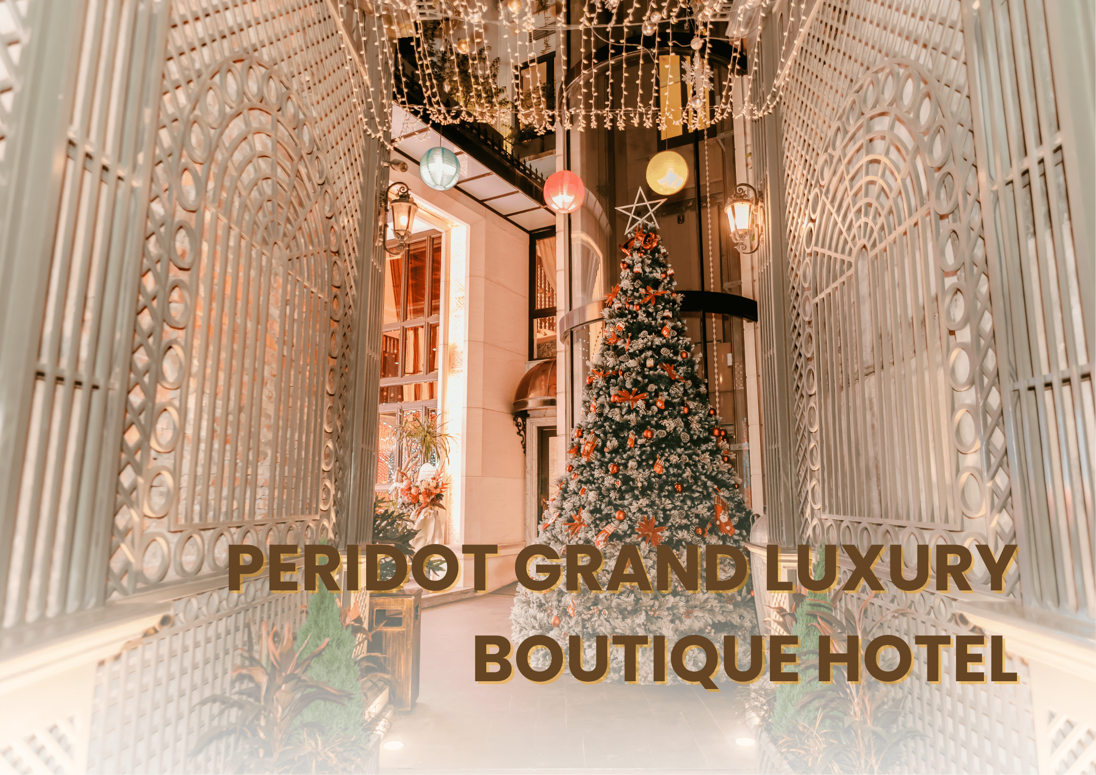 Peridot Grand Luxury Boutique Hotel lobby with a lavishly decorated Christmas tree, a luxurious Hanoi Christmas Photo Spots for tourists.