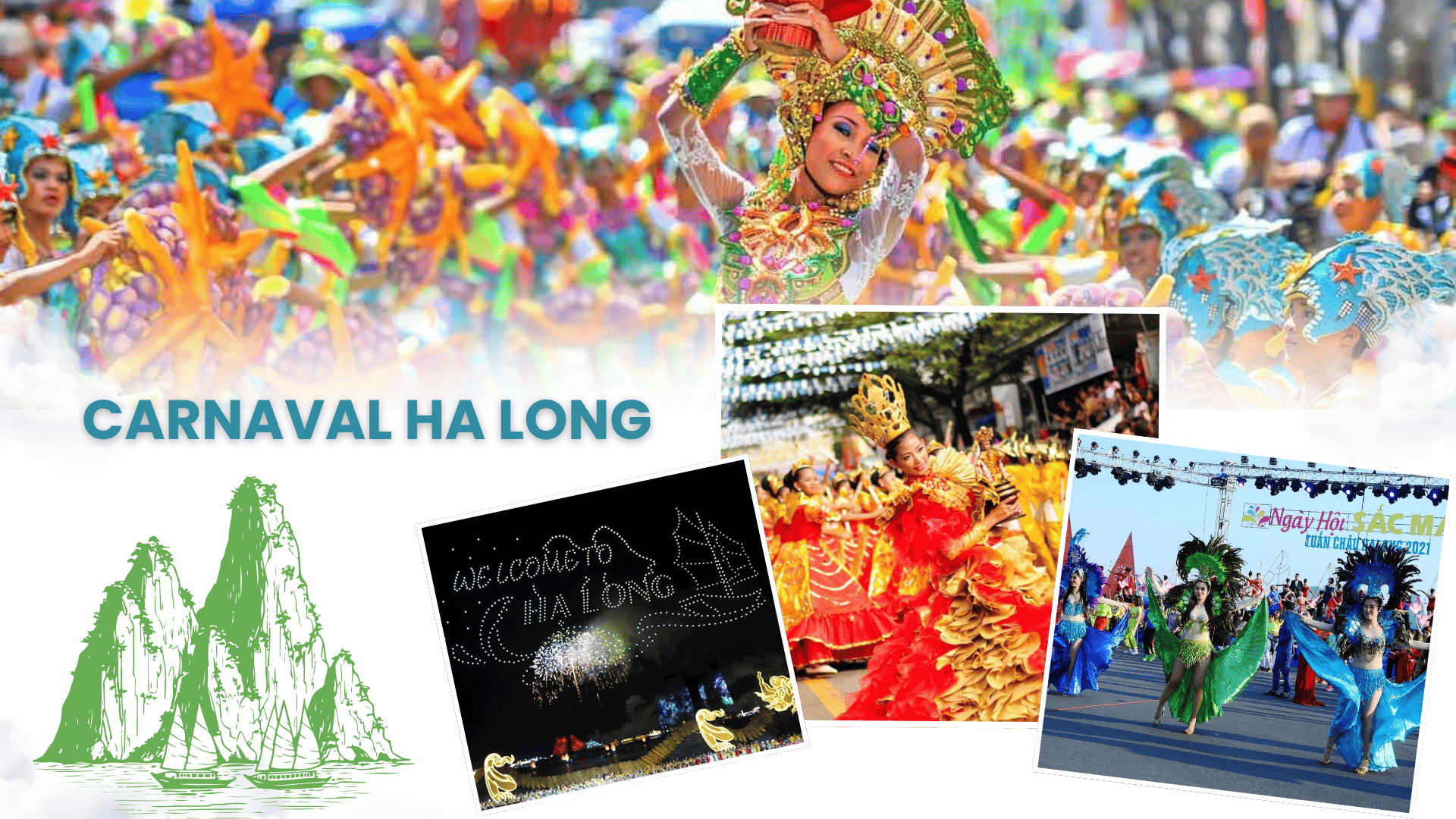 Colorful parade with dancers and floats at Ha Long Carnival, a lively coastal celebration among Vietnam festivals for tourists.