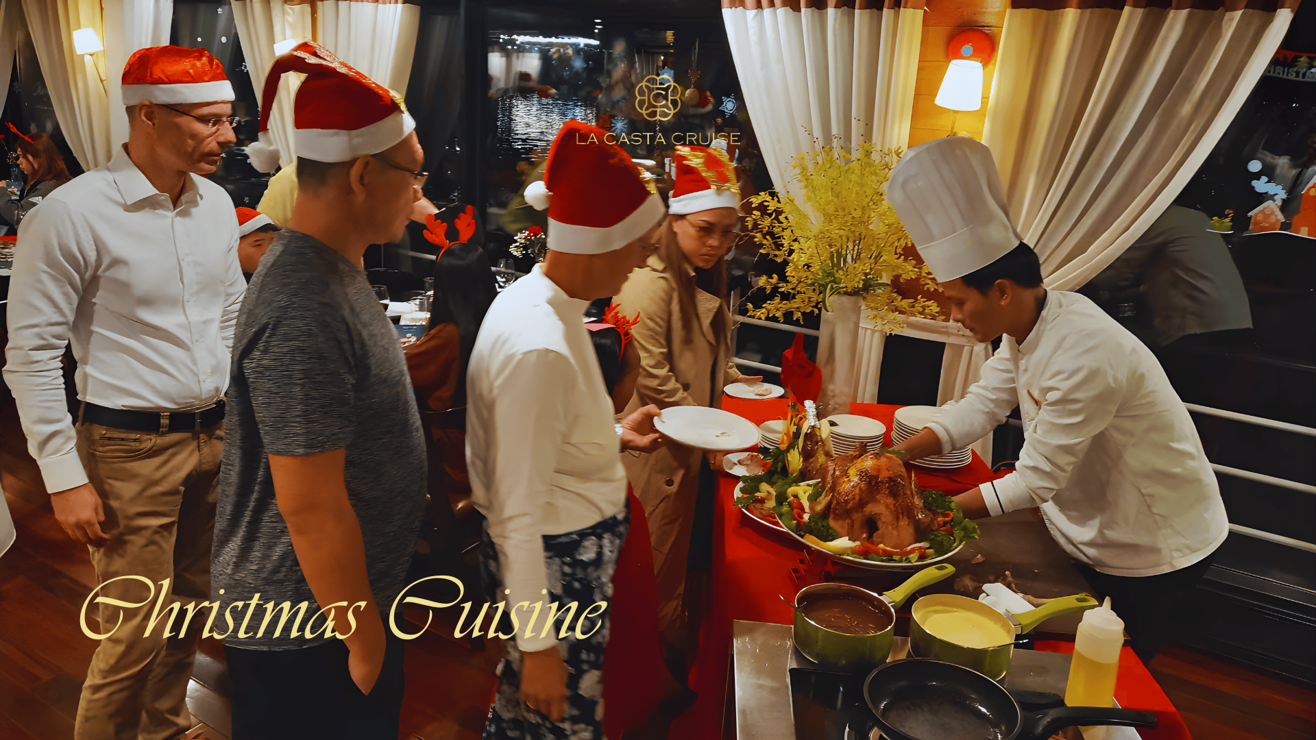 Christmas Gala Dinner menu on La Casta Cruise featuring roast turkey and Lan Ha Bay seafood.