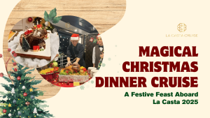 Magical Christmas dinner cruise aboard La Casta Cruise featuring festive roast turkey, Christmas desserts, live carving by chefs, and a warm holiday atmosphere on board.