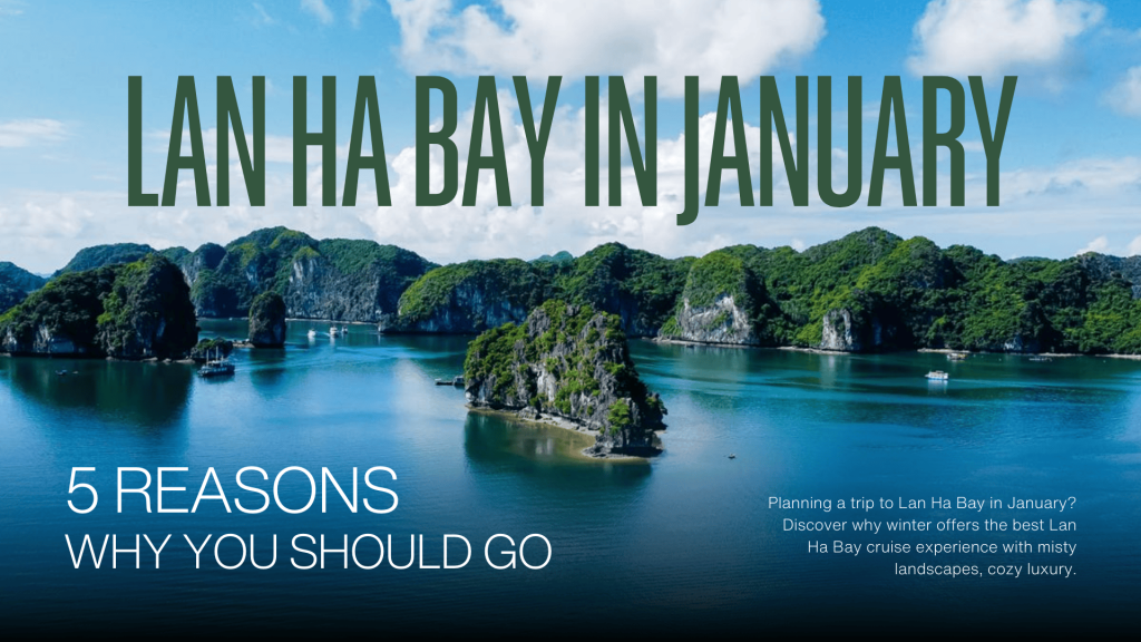 Scenic view of Lan Ha Bay in January with calm waters, limestone karsts, and winter sunlight