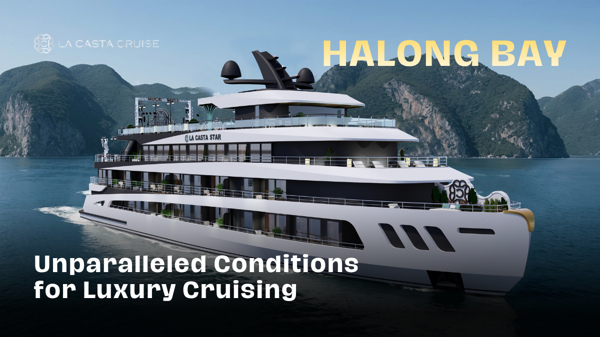 Luxury cruise ship sailing through the limestone karsts of Halong Bay in spring