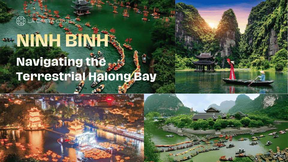 Traditional sampan boat navigating the green rice fields and rivers of Ninh Binh