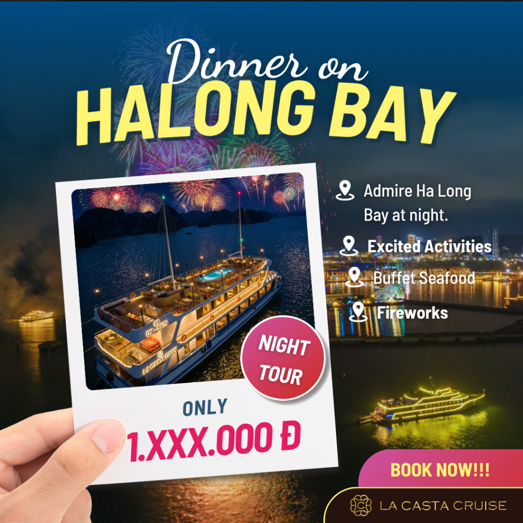 Guests enjoying a spectacular Halong Bay luxury dinner cruise at sunset