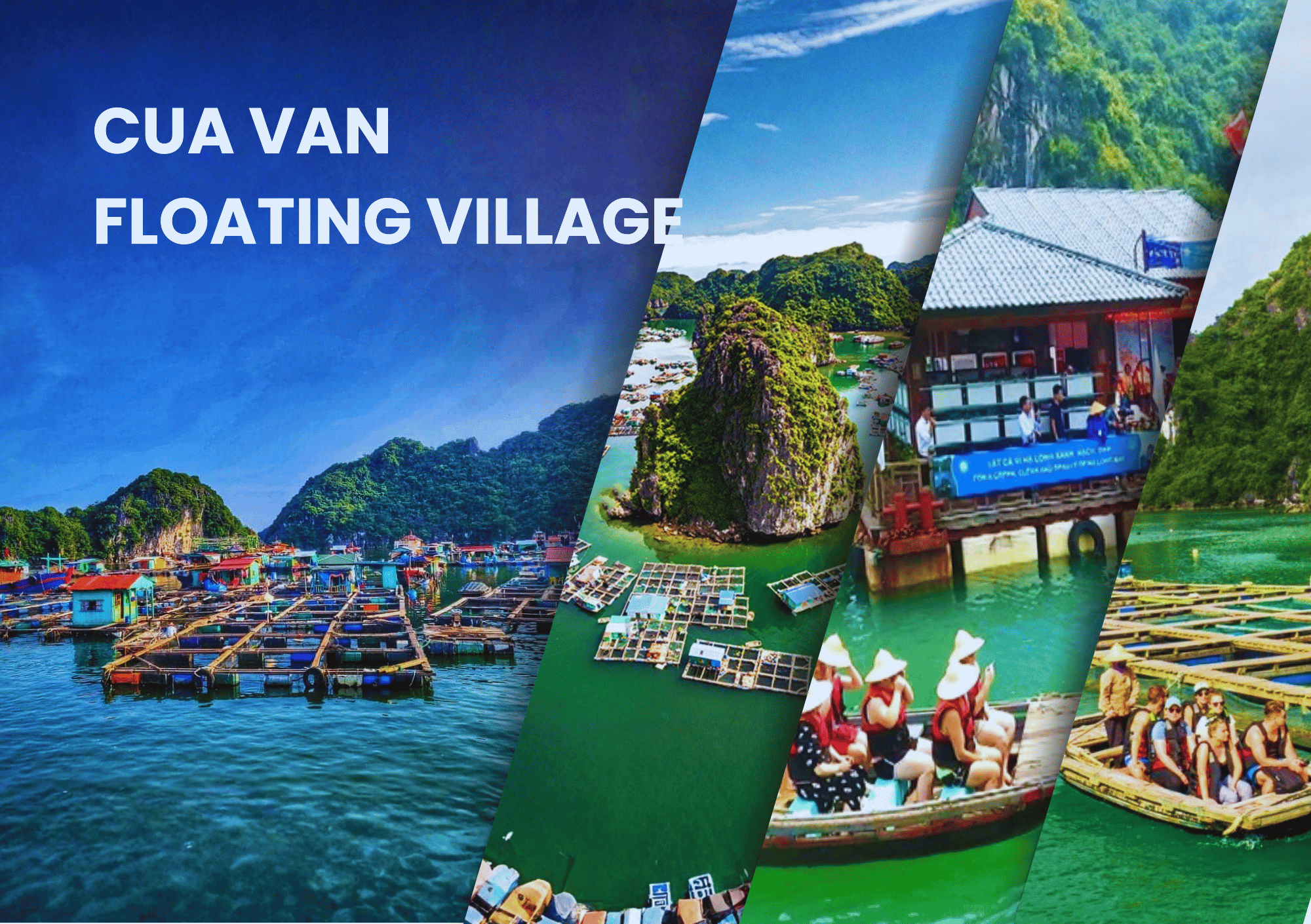 Traditional wooden houses at the historic Cua Van floating cultural village in Ha Long Bay.