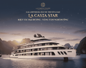 Gala Dinner in Halong Bay at twilight, featuring guests and fireworks.